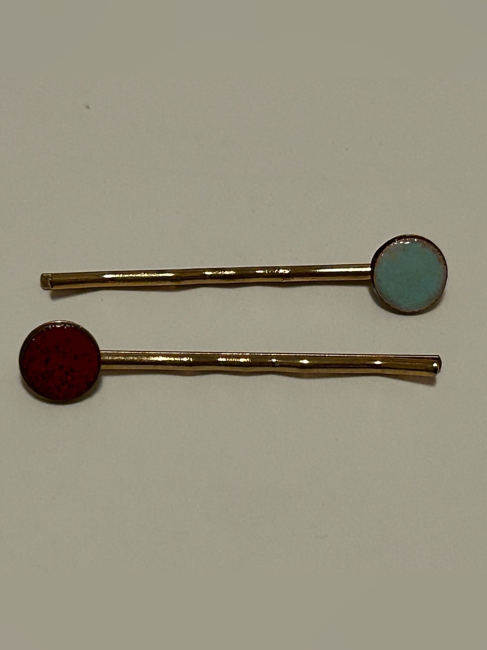 Gold Bobby Pin Set with Red and Light Blue Enamel Discs Stones Artist of Ivy